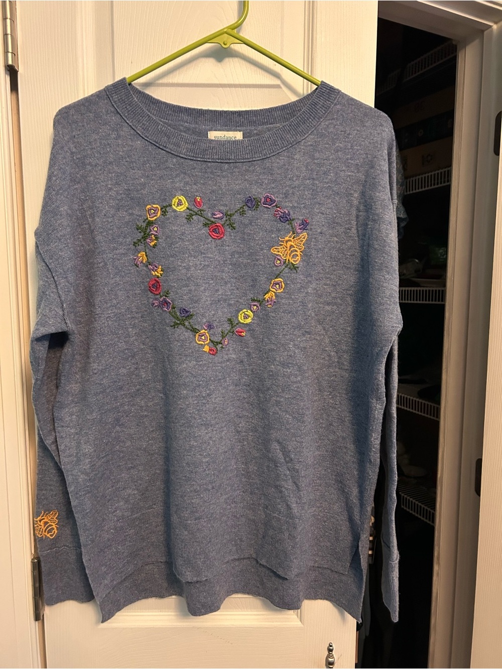 Sundance Blue Crewneck Sweater with Embroidered Heart Motif
